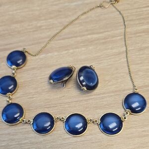 Gold-Tone Necklace & Clip Earrings Set with Deep Blue Cabochons